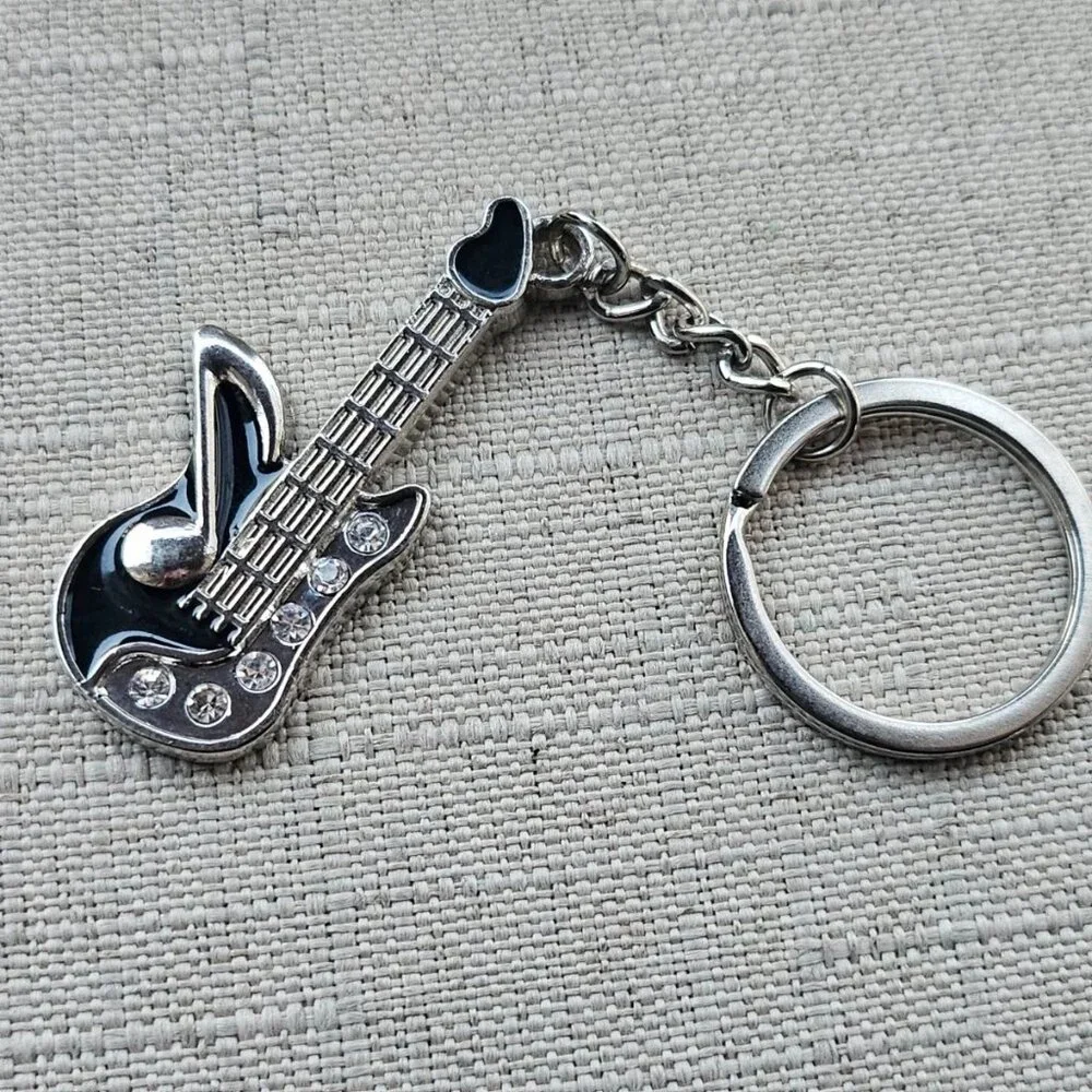 Guitar Keychain Silver/Black Tone Metal Keys Holder Crystal Accent Key Chain